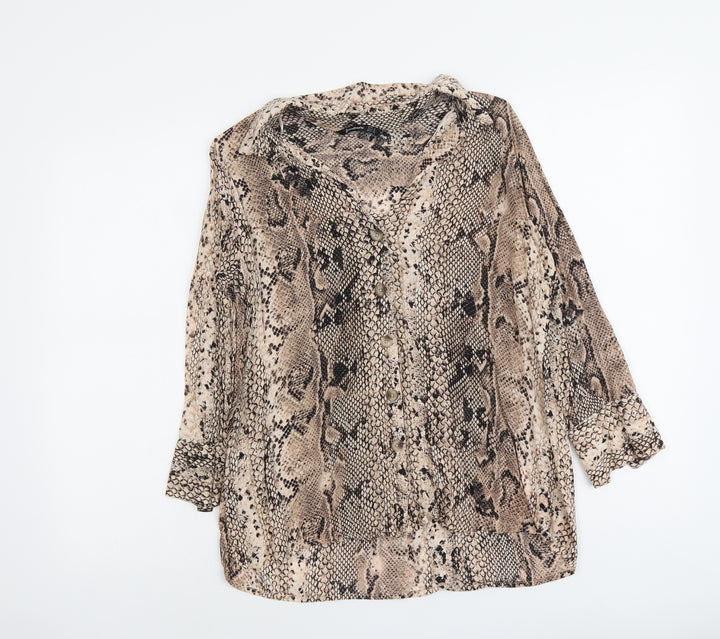 Stradivarius Womens Beige Animal Print Viscose Basic Button-Up Size M Collared - Snake Skin Print