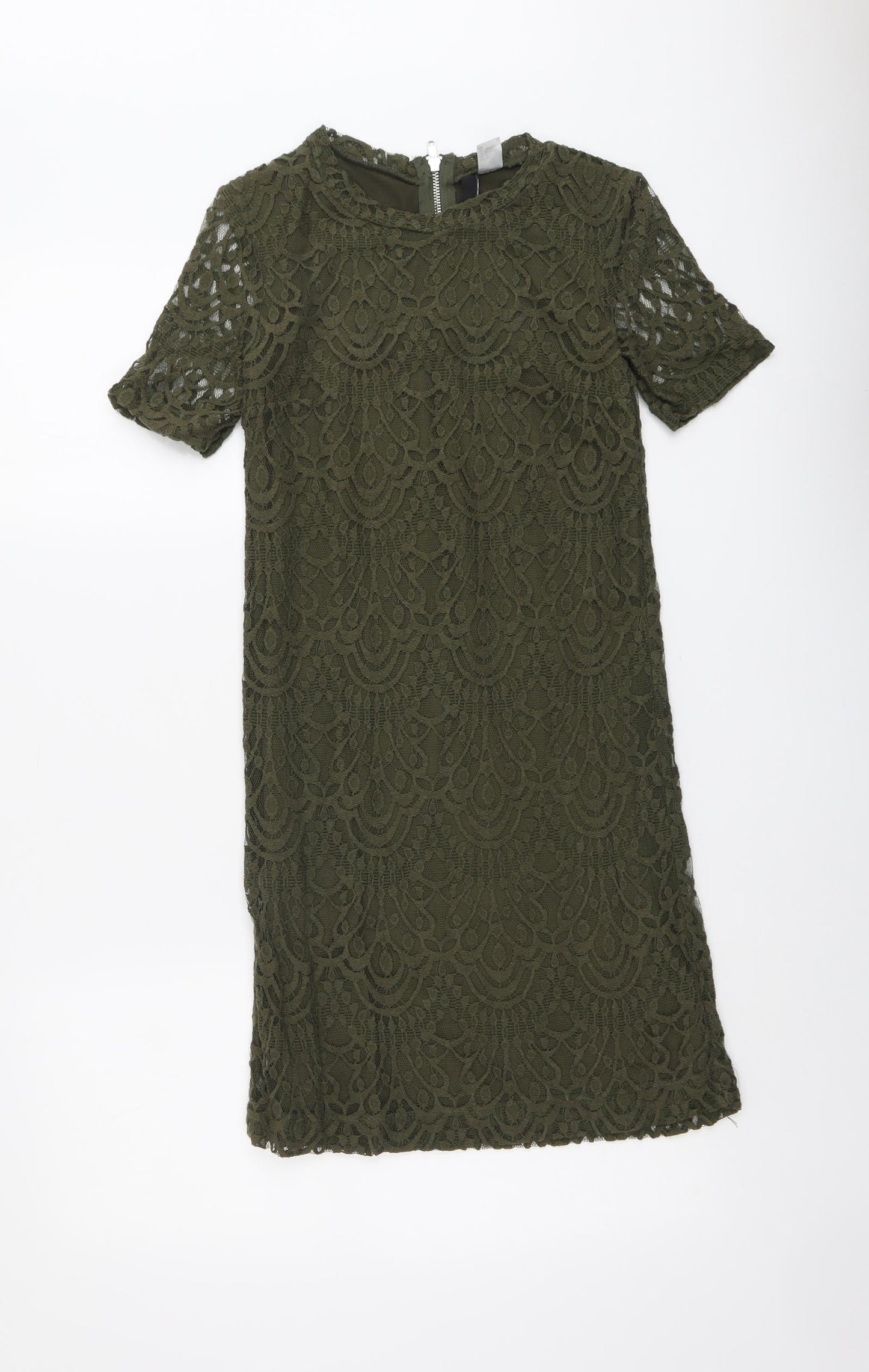 H&M Womens Green Geometric Cotton Shift Size 8 Round Neck Zip