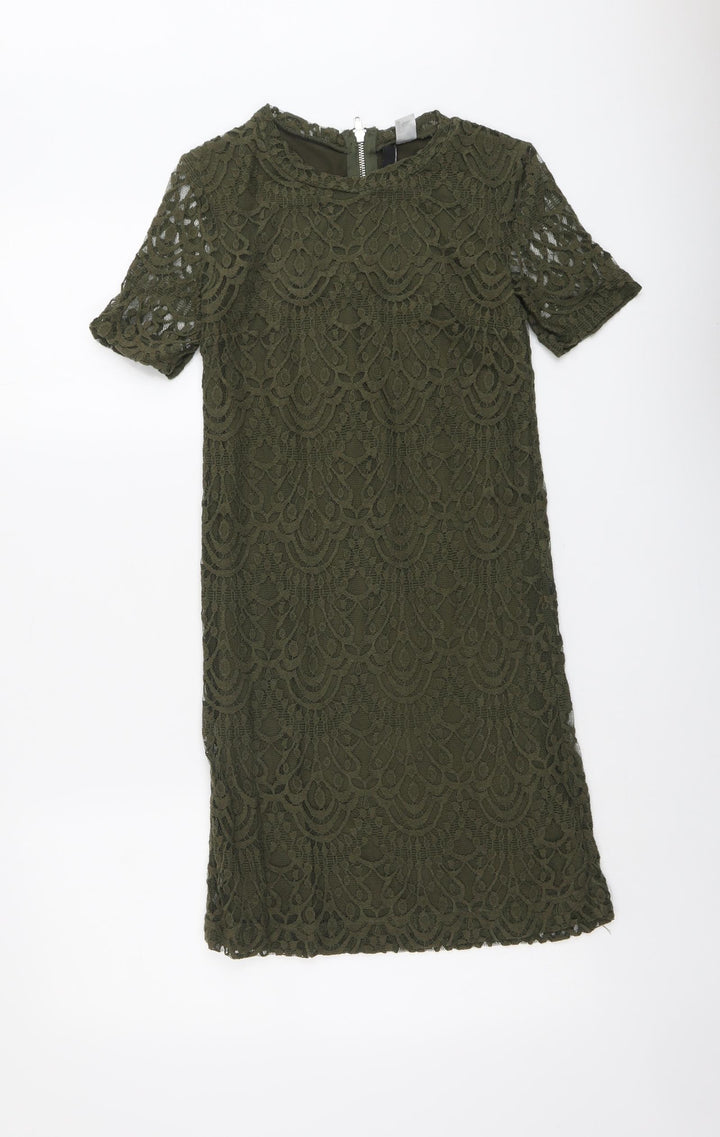 H&M Womens Green Geometric Cotton Shift Size 8 Round Neck Zip