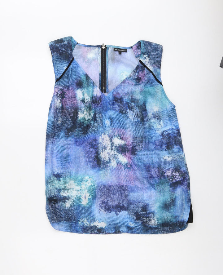 Warehouse Womens Blue Geometric Polyester Basic Tank Size M V-Neck