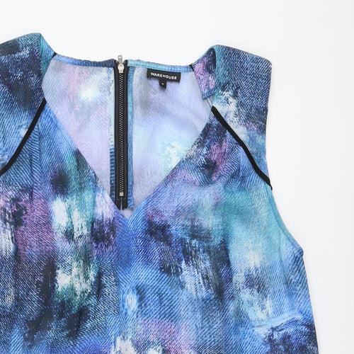 Warehouse Womens Blue Geometric Polyester Basic Tank Size M V-Neck