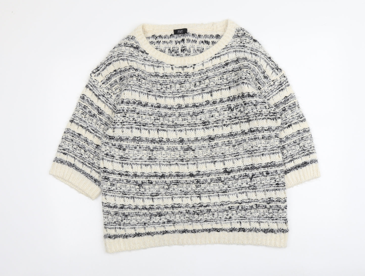 F&F Womens Beige Round Neck Geometric Acrylic Pullover Jumper Size 14