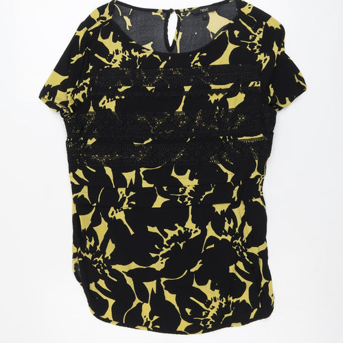 NEXT Womens Black Geometric Viscose Basic Blouse Size 12 Round Neck - Lace Details