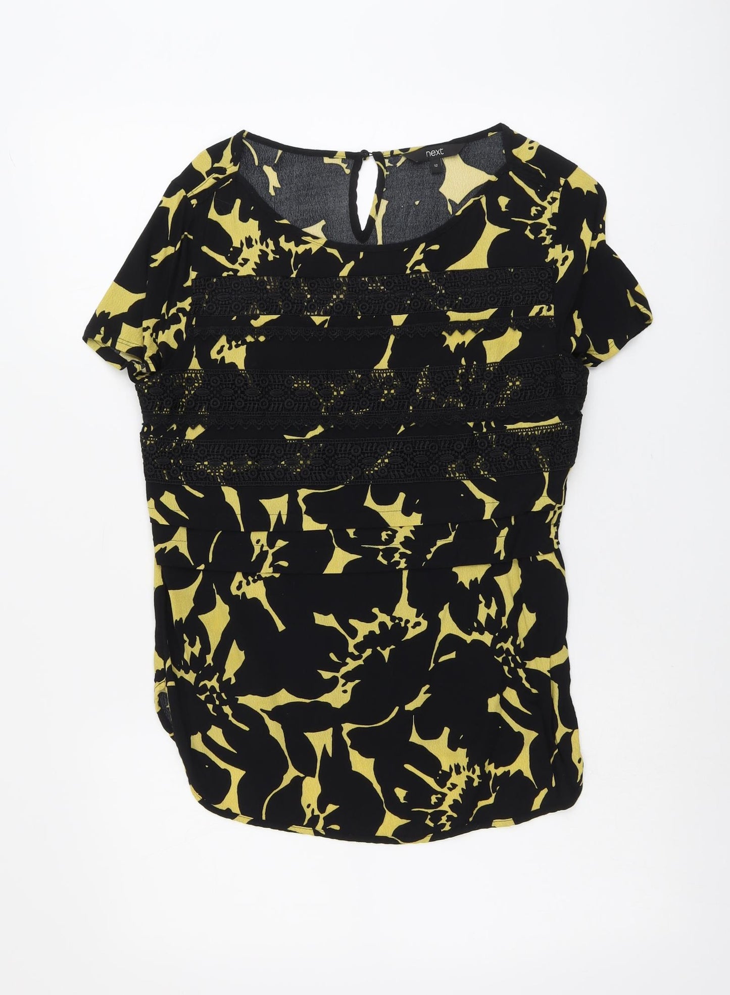 NEXT Womens Black Geometric Viscose Basic Blouse Size 12 Round Neck - Lace Details