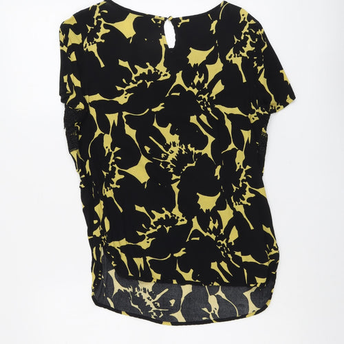 NEXT Womens Black Geometric Viscose Basic Blouse Size 12 Round Neck - Lace Details