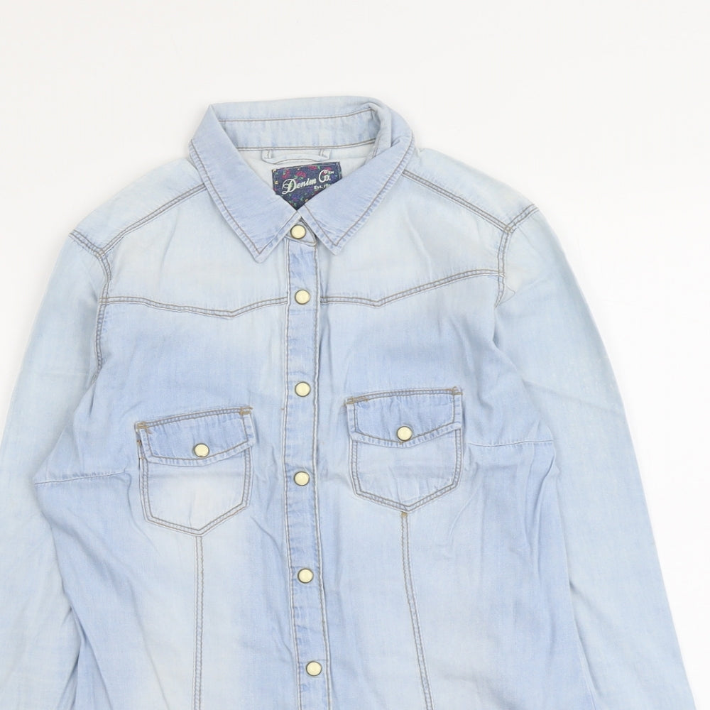 Denim & Co. Womens Blue Cotton Basic Button-Up Size 10 Collared