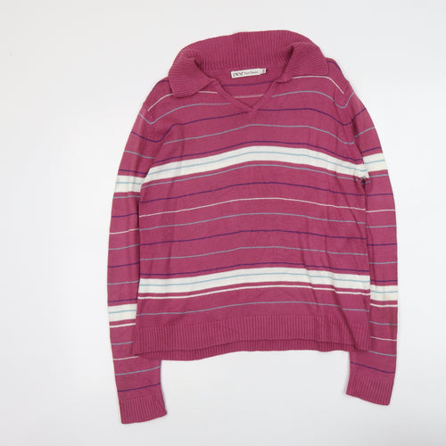 EWM Womens Purple Collared Striped Acrylic Pullover Jumper Size 14