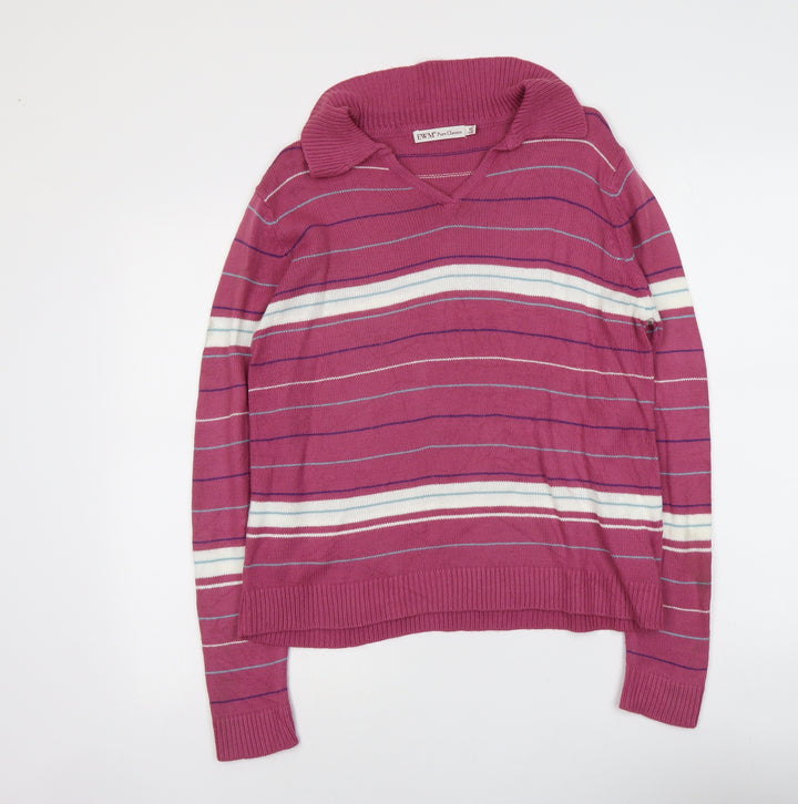 EWM Womens Purple Collared Striped Acrylic Pullover Jumper Size 14