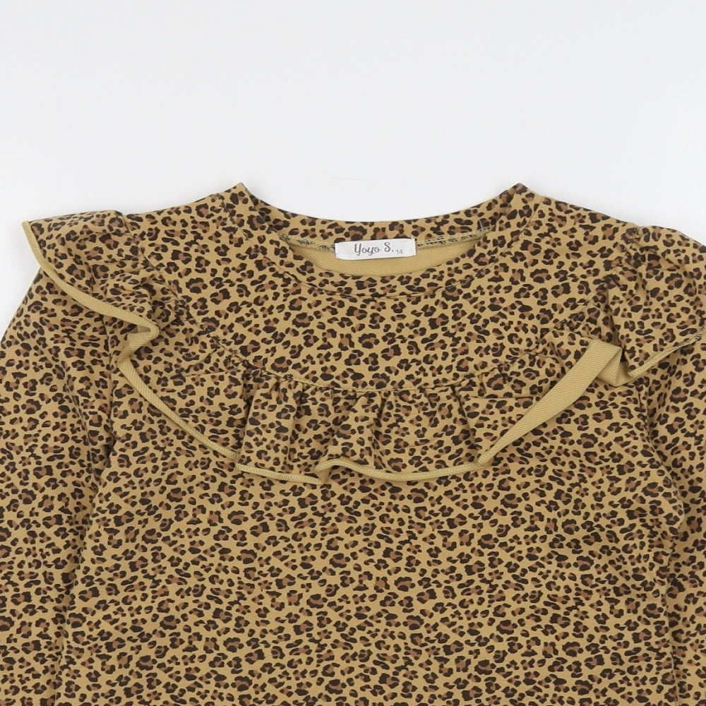 Yoyo S. Womens Beige Animal Print Cotton Basic T-Shirt Size 14 Round Neck