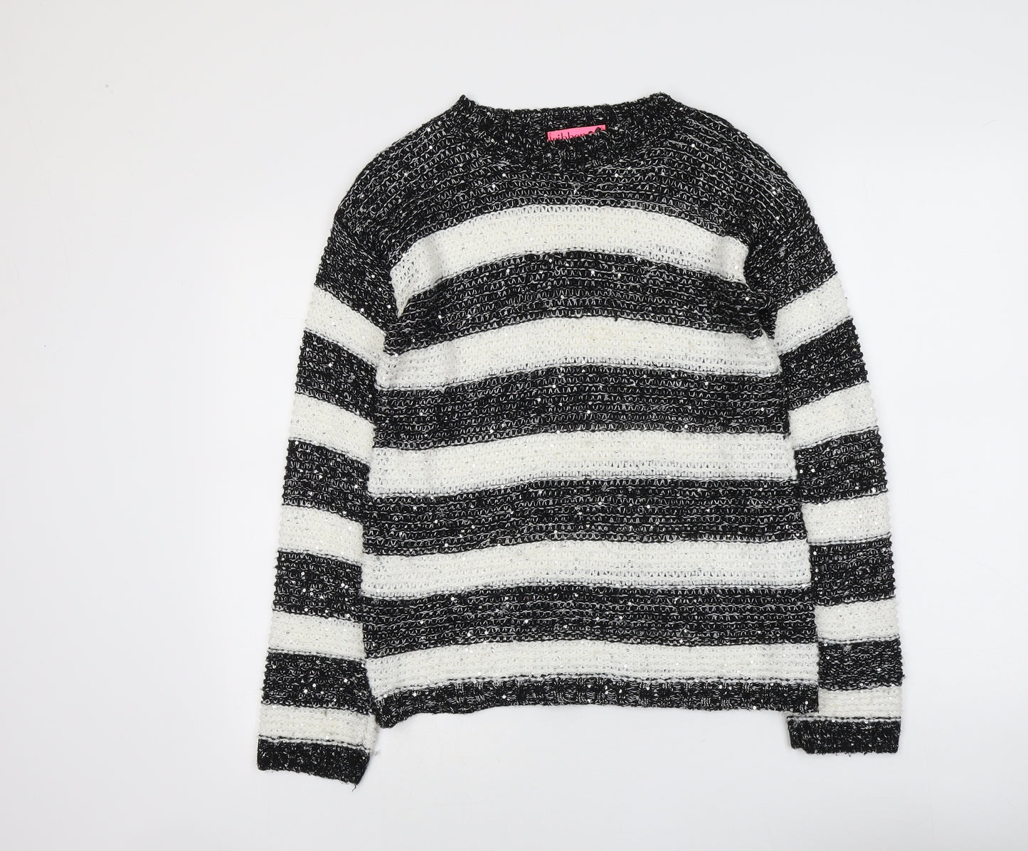 Ribbon Womens Black Boat Neck Striped Acrylic Pullover Jumper Size 12