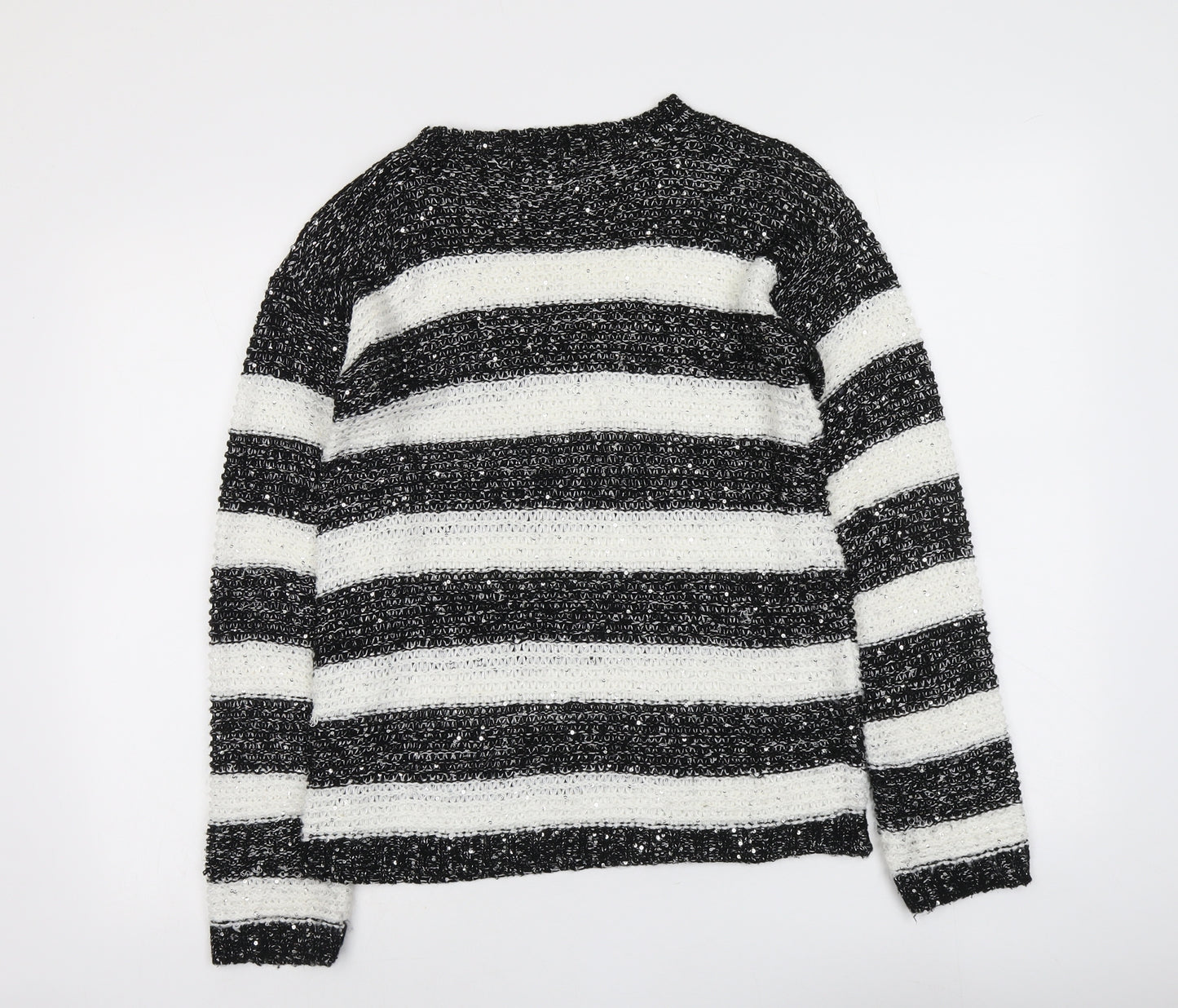 Ribbon Womens Black Boat Neck Striped Acrylic Pullover Jumper Size 12