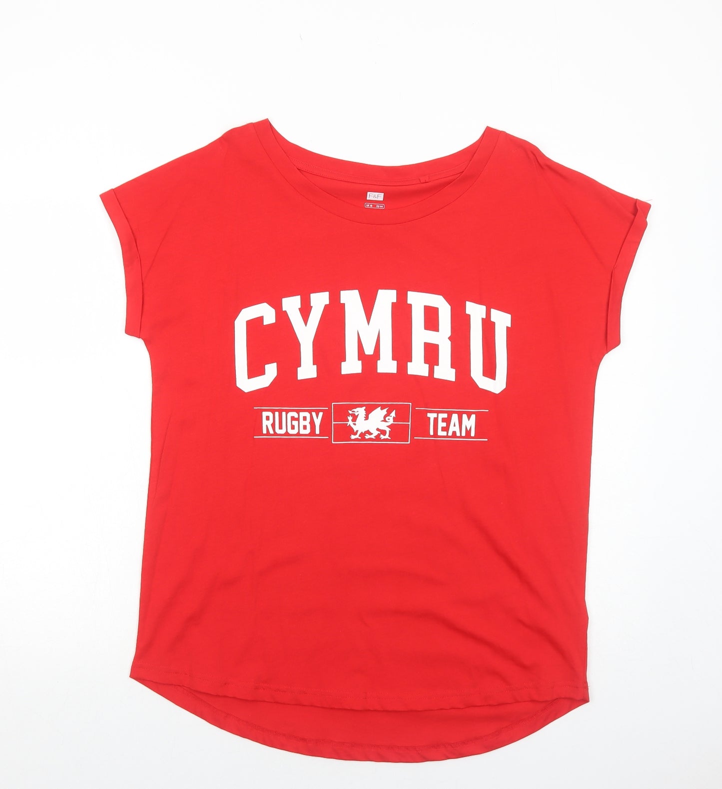 F&F Womens Red Cotton Basic T-Shirt Size 16 Round Neck - Rugby Wales
