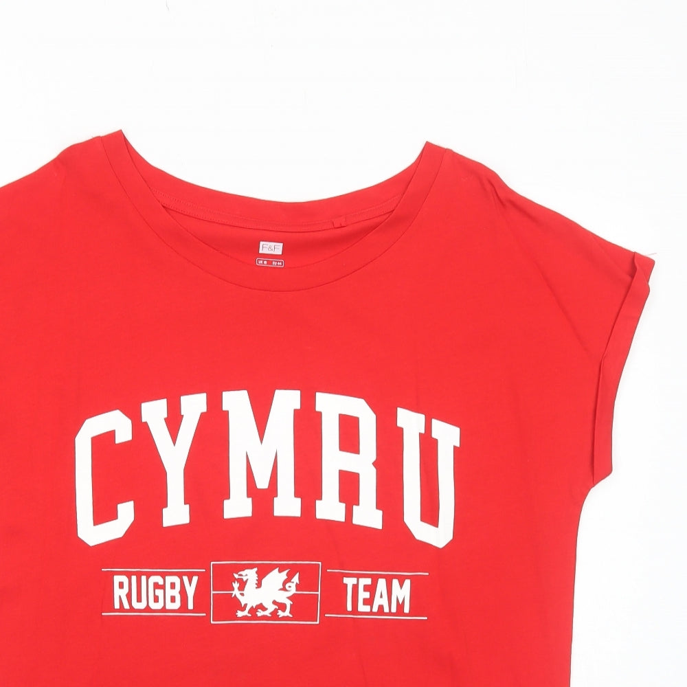 F&F Womens Red Cotton Basic T-Shirt Size 16 Round Neck - Rugby Wales