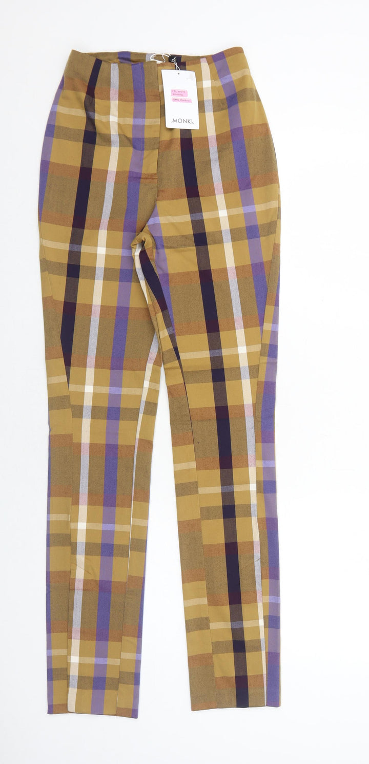 Monki Womens Yellow Plaid Polyester Trousers Size 4 Regular Zip