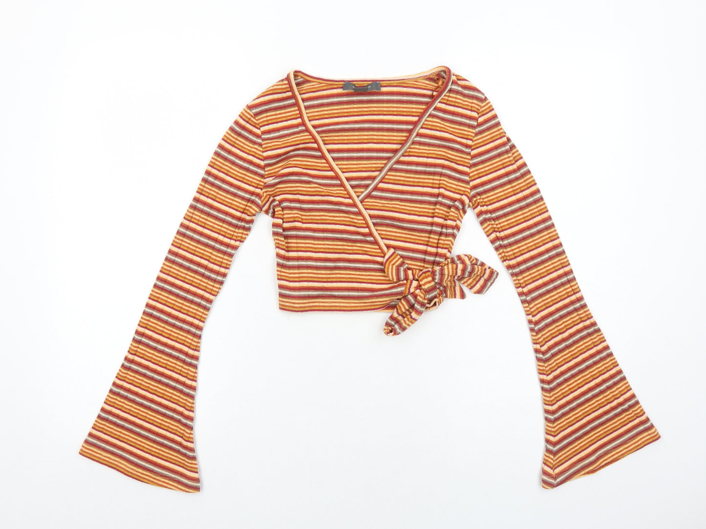 Primark Womens Orange Striped Polyester Wrap Blouse Size 2XS V-Neck