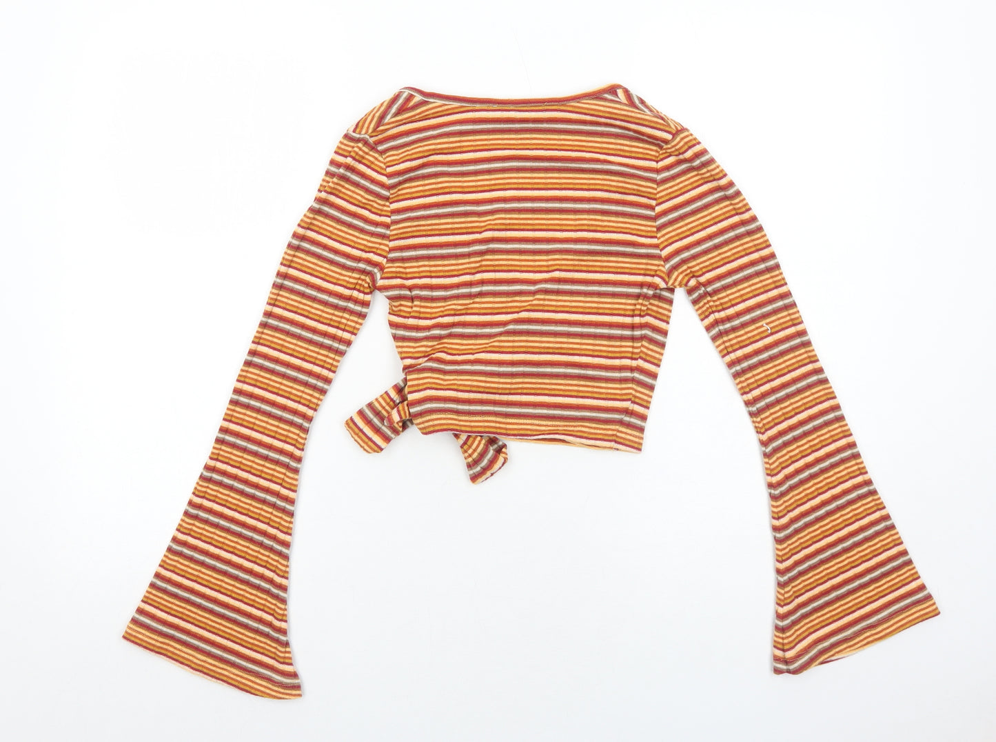 Primark Womens Orange Striped Polyester Wrap Blouse Size 2XS V-Neck