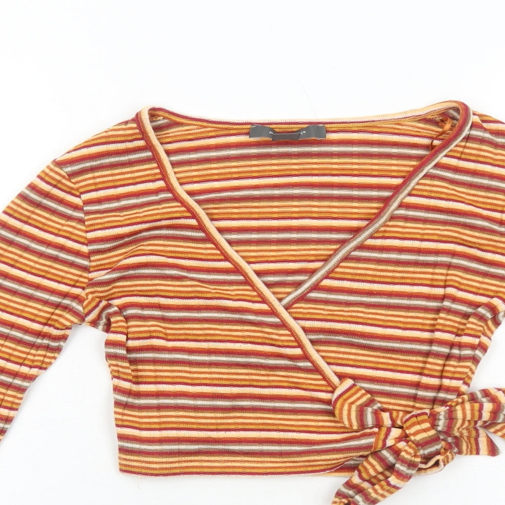 Primark Womens Orange Striped Polyester Wrap Blouse Size 2XS V-Neck