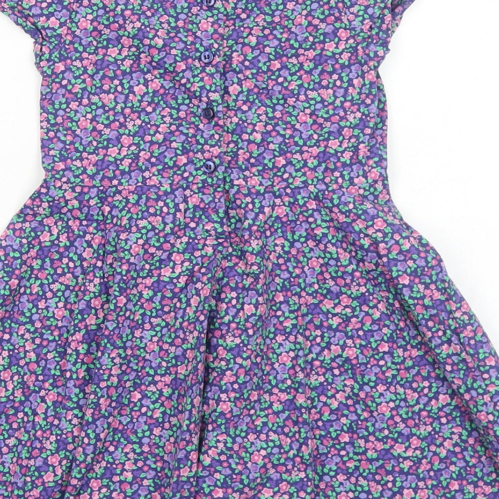 Mothercare Girls Purple Floral Cotton A-Line Size 3-4 Years Round Neck Button