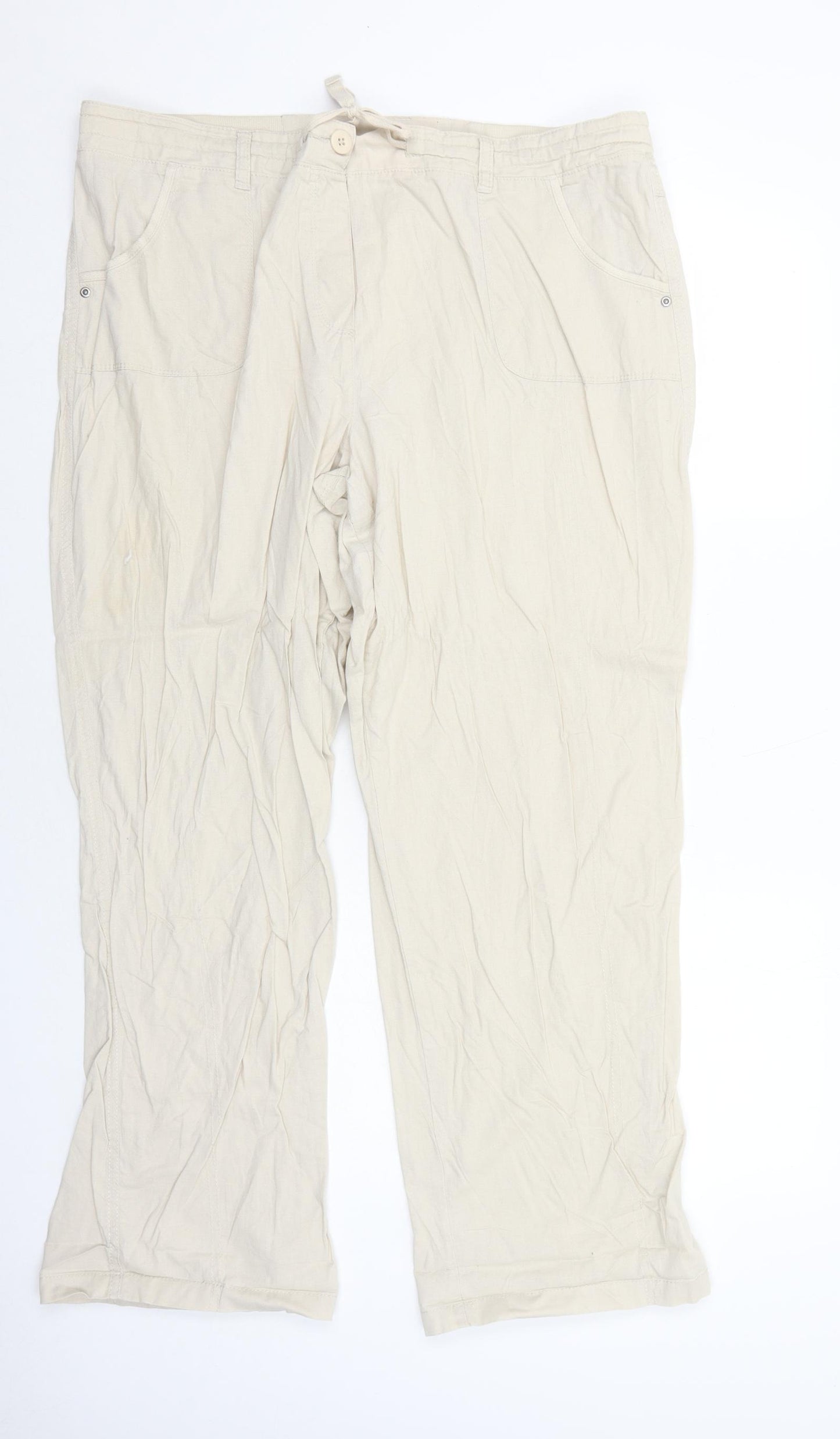 BHS Womens Beige Cotton Trousers Size 18 Regular Button