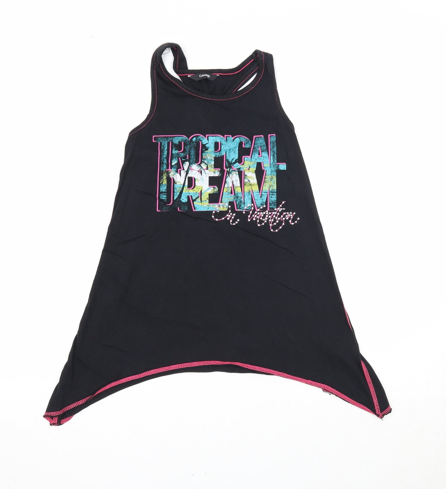 George Girls Black Cotton Basic Tank Size 7-8 Years Round Neck Pullover - Tropical Dream