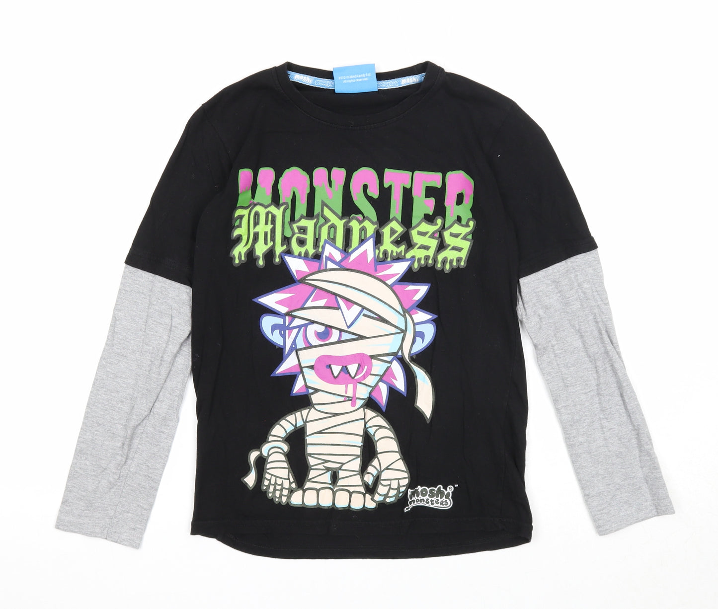 Tesco Boys Black Herringbone Cotton Basic T-Shirt Size 8-9 Years Roll Neck Pullover - Moshi Monsters Monster Madness