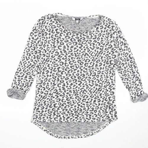 NEXT Womens White V-Neck Animal Print Cotton Pullover Jumper Size 10 - Leopard Pattern