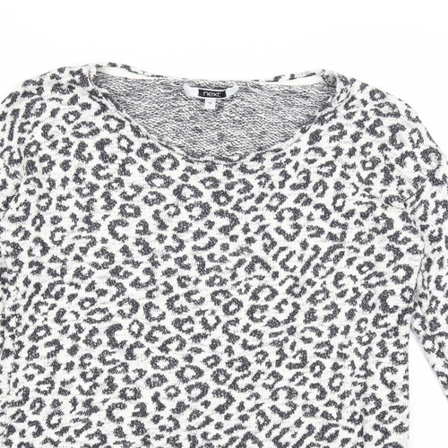 NEXT Womens White V-Neck Animal Print Cotton Pullover Jumper Size 10 - Leopard Pattern