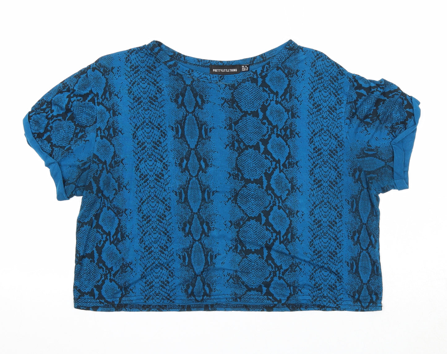 PRETTYLITTLETHING Womens Blue Geometric Viscose Cropped T-Shirt Size 14 Round Neck