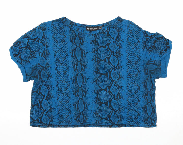 PRETTYLITTLETHING Womens Blue Geometric Viscose Cropped T-Shirt Size 14 Round Neck