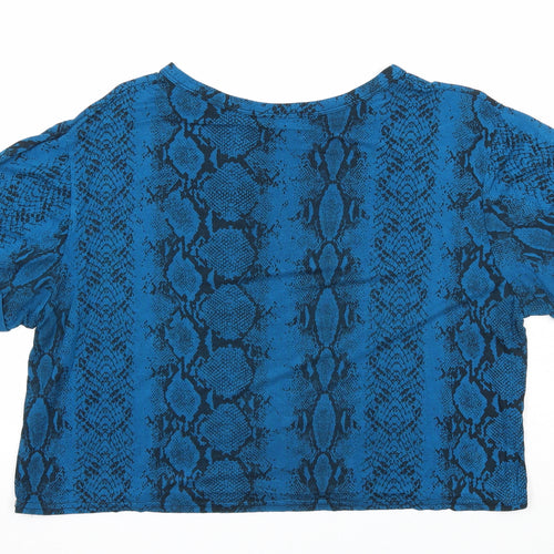 PRETTYLITTLETHING Womens Blue Geometric Viscose Cropped T-Shirt Size 14 Round Neck