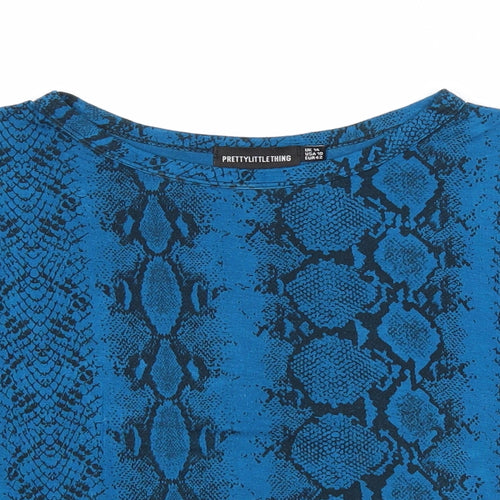 PRETTYLITTLETHING Womens Blue Geometric Viscose Cropped T-Shirt Size 14 Round Neck