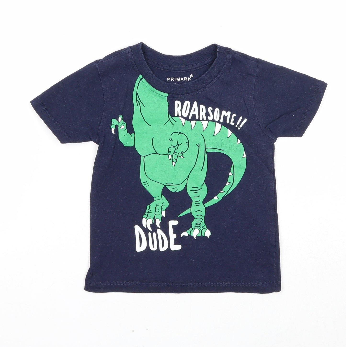 Primark Boys Blue Cotton Basic T-Shirt Size 12-18 Months Round Neck Pullover - Dinosaur