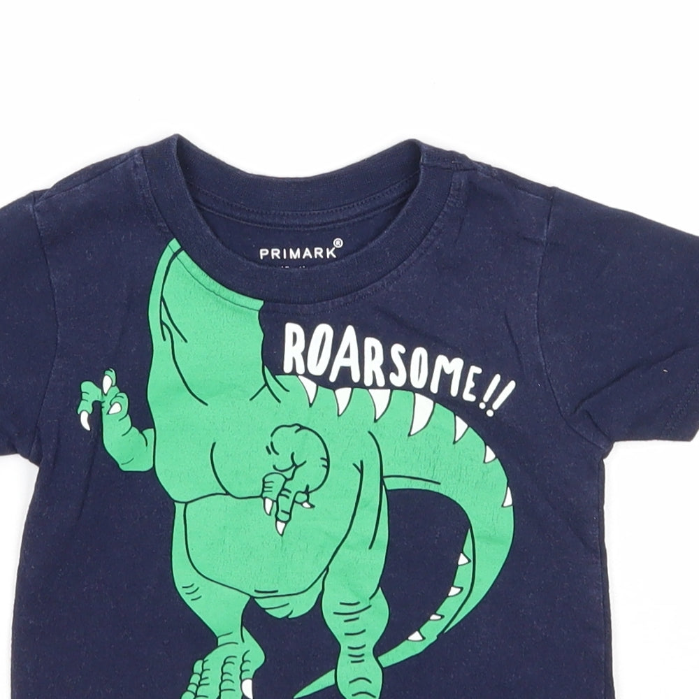 Primark Boys Blue Cotton Basic T-Shirt Size 12-18 Months Round Neck Pullover - Dinosaur