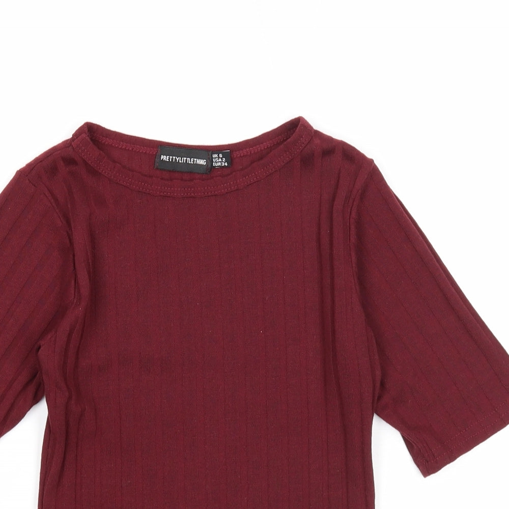 PRETTYLITTLETHING Womens Red Polyester Basic T-Shirt Size 6 Boat Neck - Ribbed