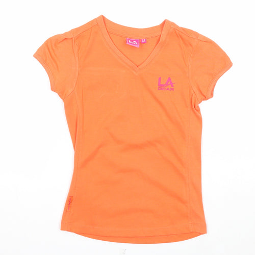 LA Gear Girls Orange Polyester Basic T-Shirt Size 7-8 Years V-Neck Pullover