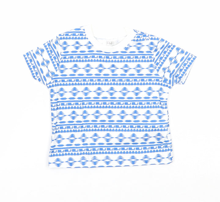 F&F Boys Blue Geometric Cotton Basic T-Shirt Size 3-6 Months Round Neck Button