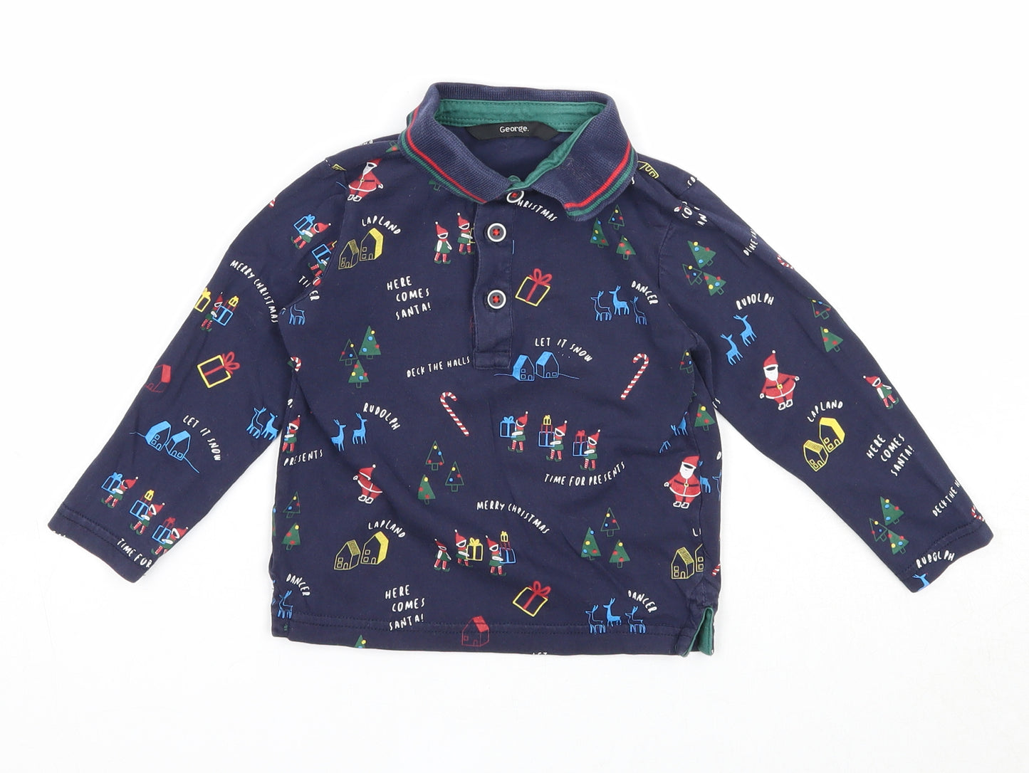 George Boys Blue Geometric Cotton Basic Polo Size 18-24 Months Collared Button - Christmas