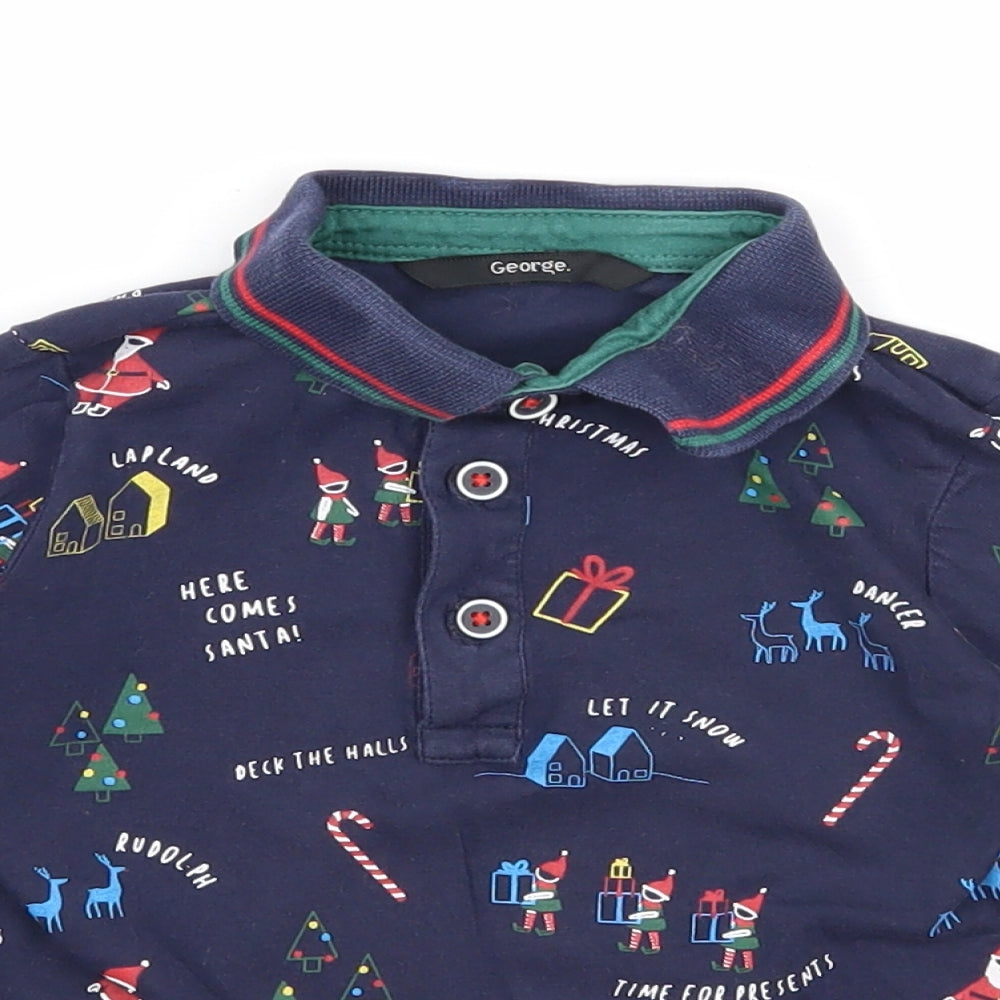 George Boys Blue Geometric Cotton Basic Polo Size 18-24 Months Collared Button - Christmas