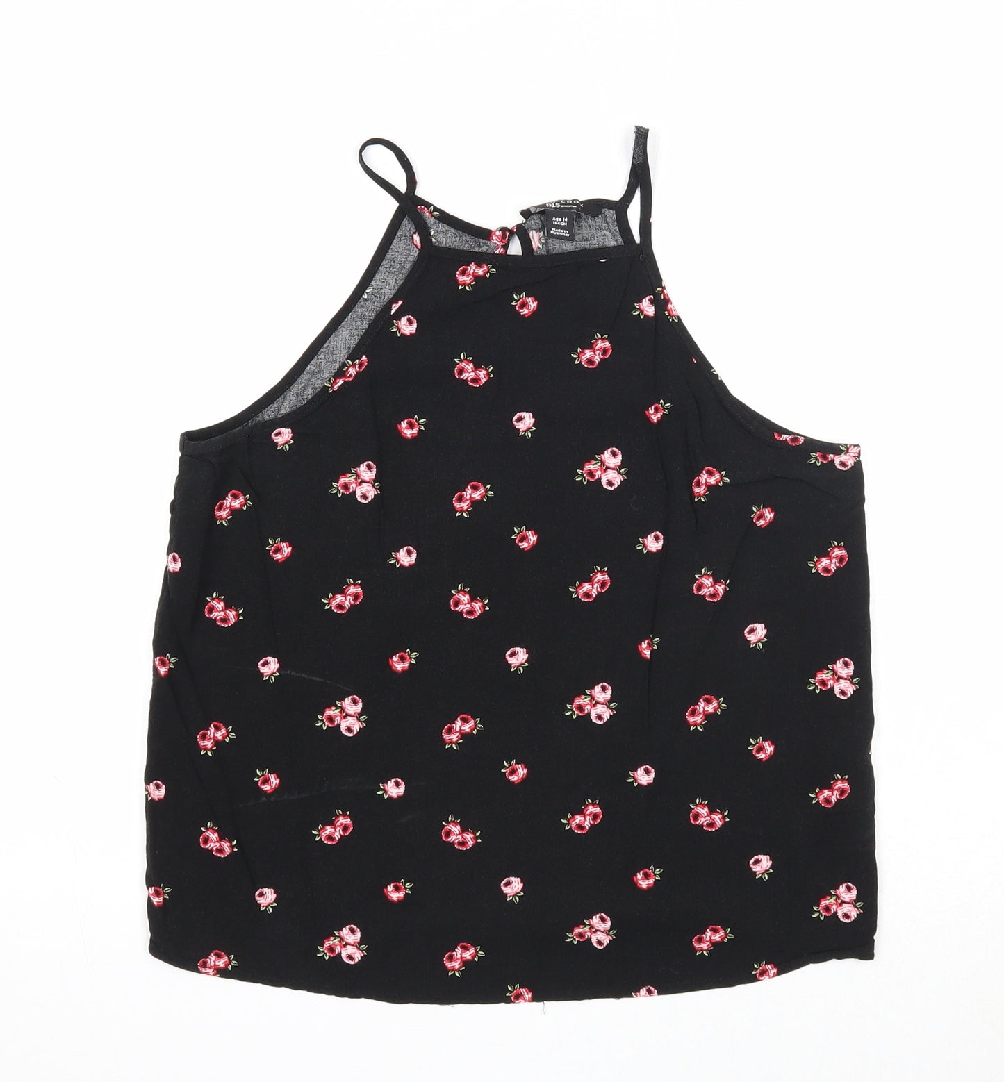 New Look Girls Black Floral Viscose Basic Tank Size 14 Years Round Neck Pullover