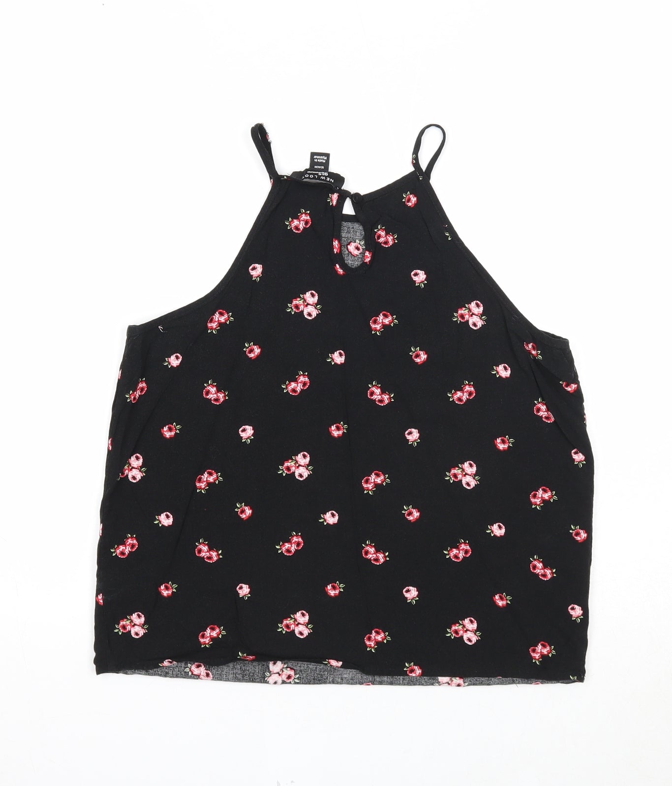 New Look Girls Black Floral Viscose Basic Tank Size 14 Years Round Neck Pullover