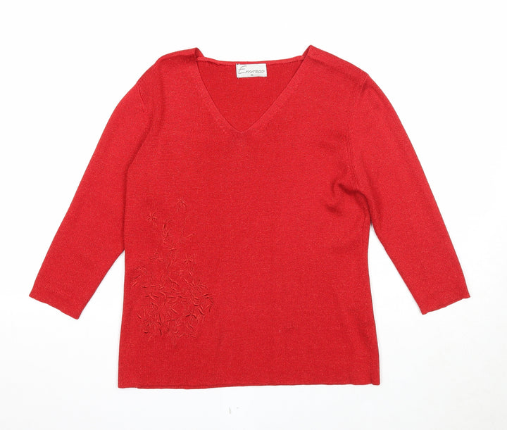Emreco Womens Red V-Neck Cotton Pullover Jumper Size 10