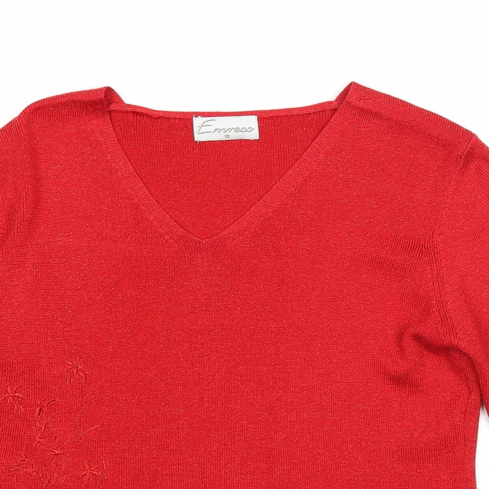 Emreco Womens Red V-Neck Cotton Pullover Jumper Size 10