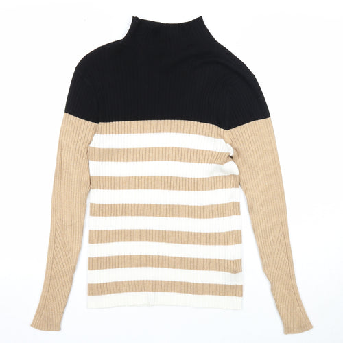 Marks and Spencer Womens Multicoloured Mock Neck Striped Viscose Pullover Jumper Size 12 - Ribbed