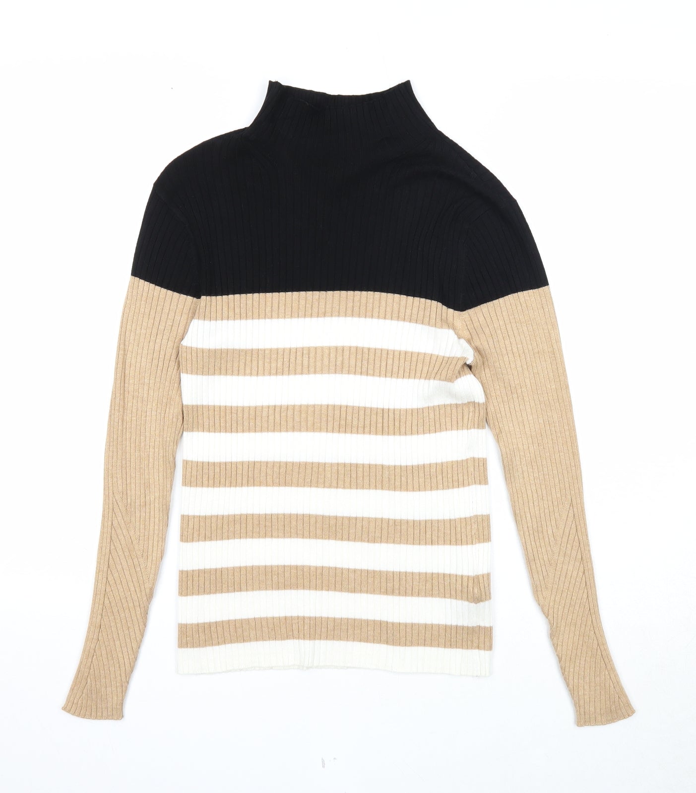 Marks and Spencer Womens Multicoloured Mock Neck Striped Viscose Pullover Jumper Size 12 - Ribbed