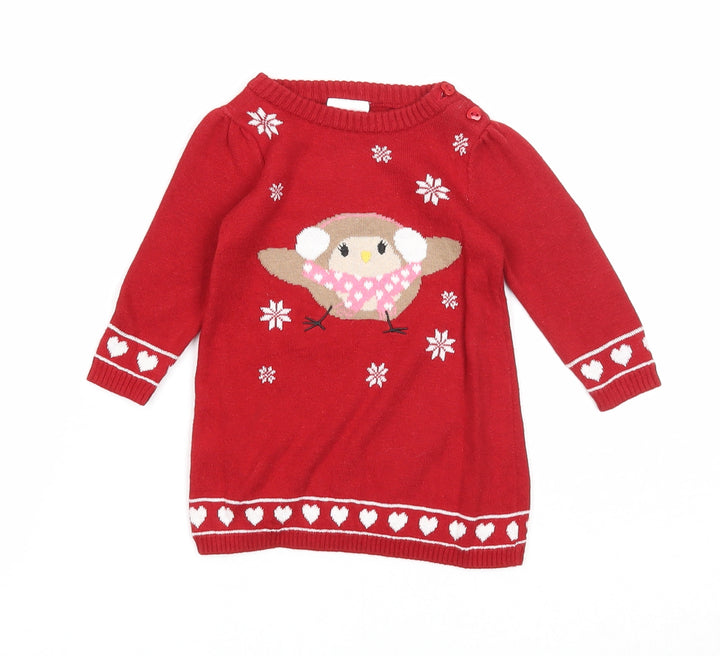 Baby Girls Red Cotton Jumper Dress Size 0-3 Months Round Neck Button - Christmas