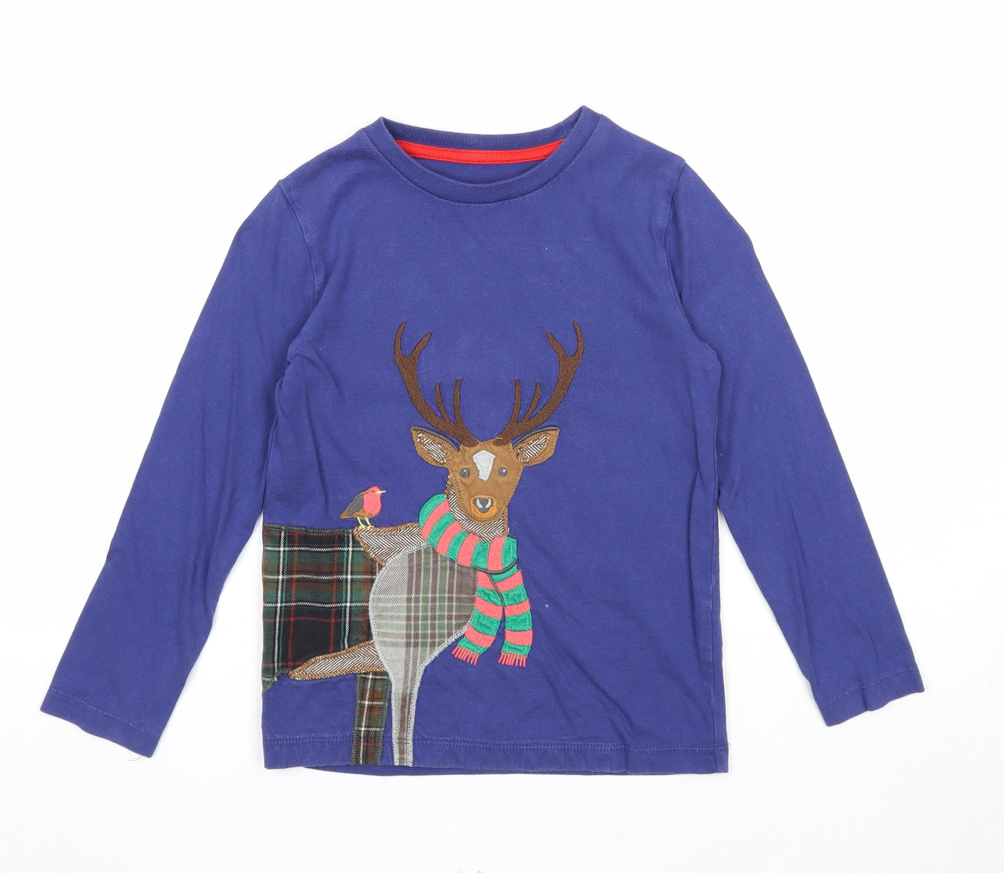 Mini Boden Boys Blue Cotton Basic T-Shirt Size 6-7 Years Round Neck Pullover - Reindeer Christmas