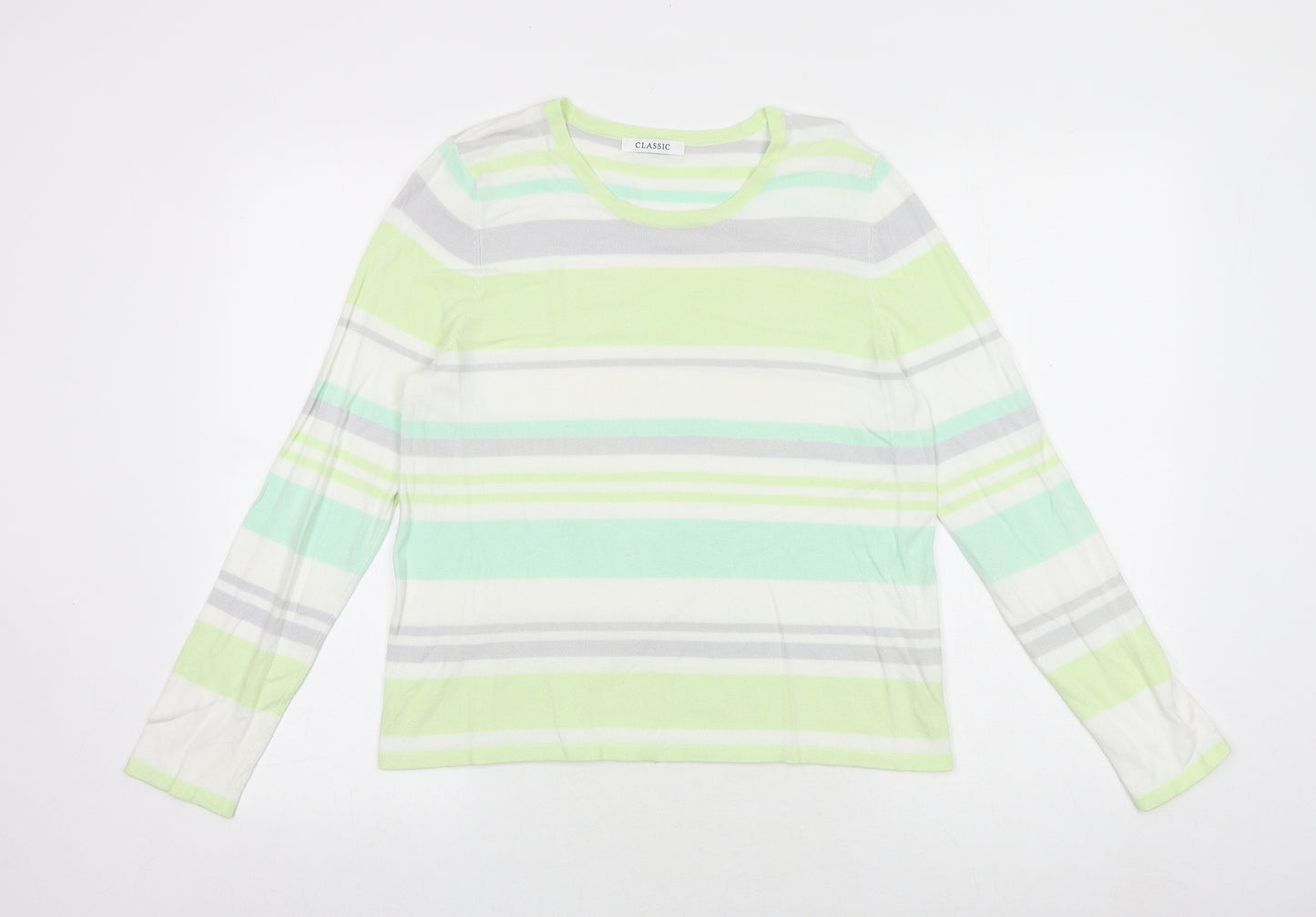 Marks and Spencer Womens Green Round Neck Striped Viscose Pullover Jumper Size 14