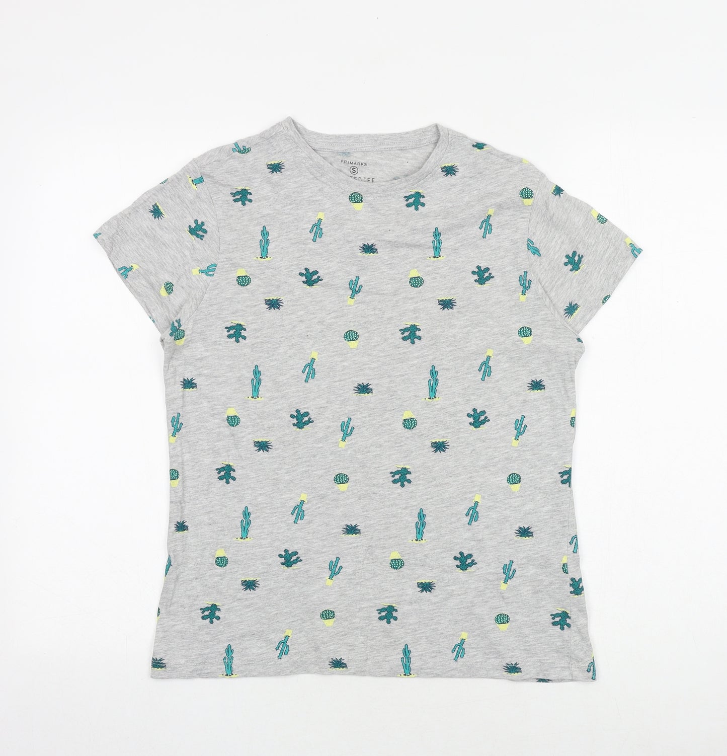 Primark Womens Grey Geometric Cotton Basic T-Shirt Size 10 Round Neck - Cactus Print