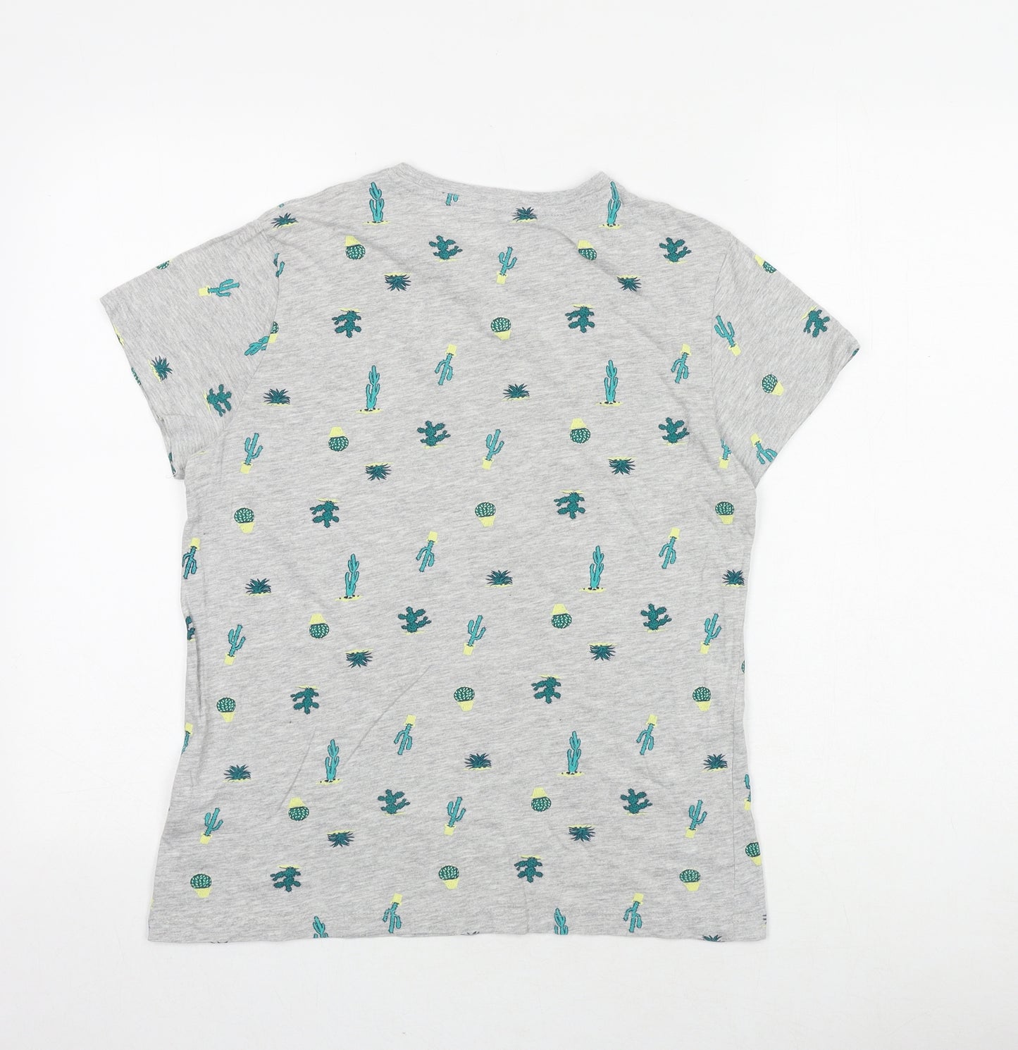 Primark Womens Grey Geometric Cotton Basic T-Shirt Size 10 Round Neck - Cactus Print