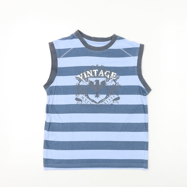 Matalan Boys Blue Striped 100% Cotton Basic Tank Size 8-9 Years Round Neck Pullover - Vintage